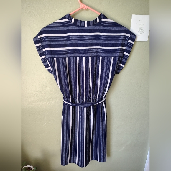*NWOT* Monteau LA Women's Medium Blue & Black Striped Midi Dress Tie Waist - Picture 8 of 16